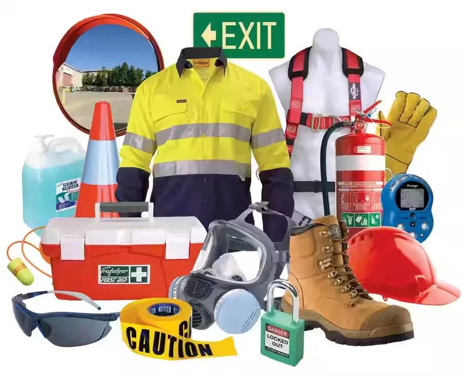 Range of safety gear — high-vis shirt, harness, fire extinguisher, goggles, gloves, boots, cones and locks