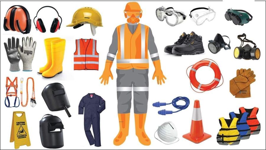 Full body PPE set — ear muffs, helmet, goggles, gloves, boots, vest, respirator, coverall and life jacket