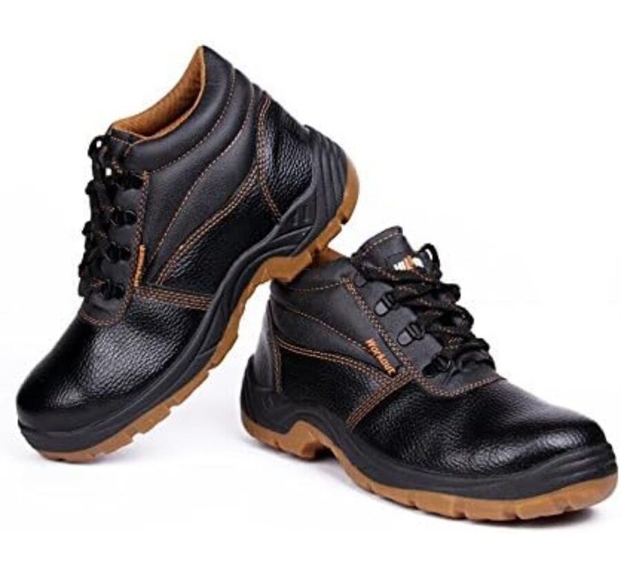 Black steel-toe industrial safety shoes, pair